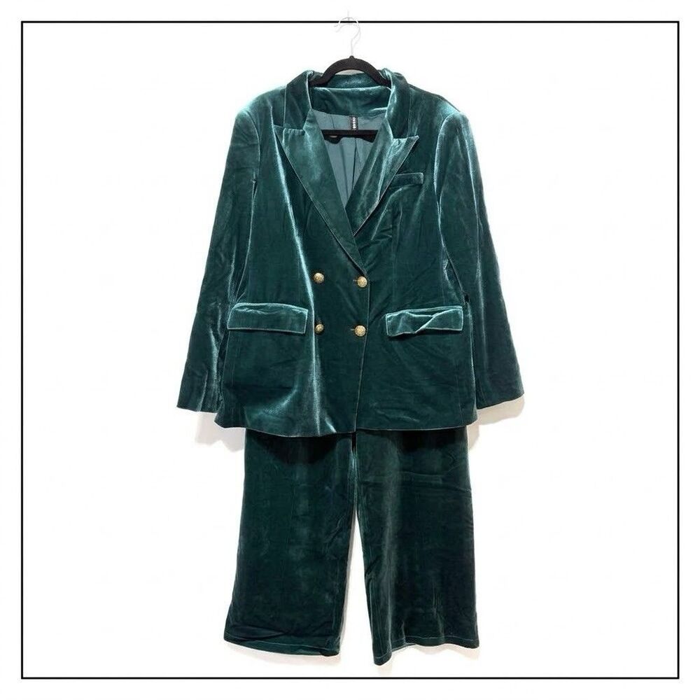Stylewe Womens 2XL Green Velvet Blazer Jacket & Wide Leg Pants Suit Set